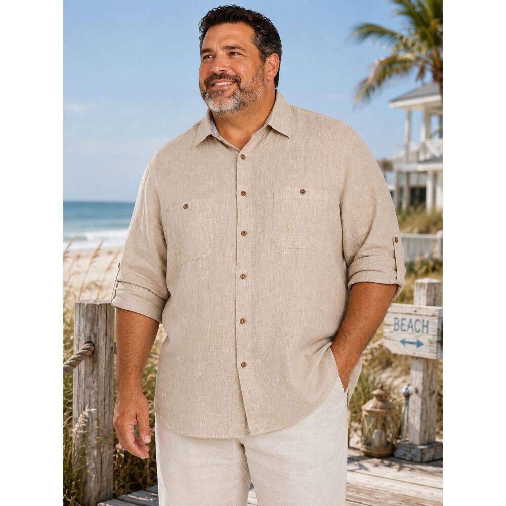 Joseph Abboud Mens XXL 100% Linen Shirt Beige Long Sleeve Button Front NWT